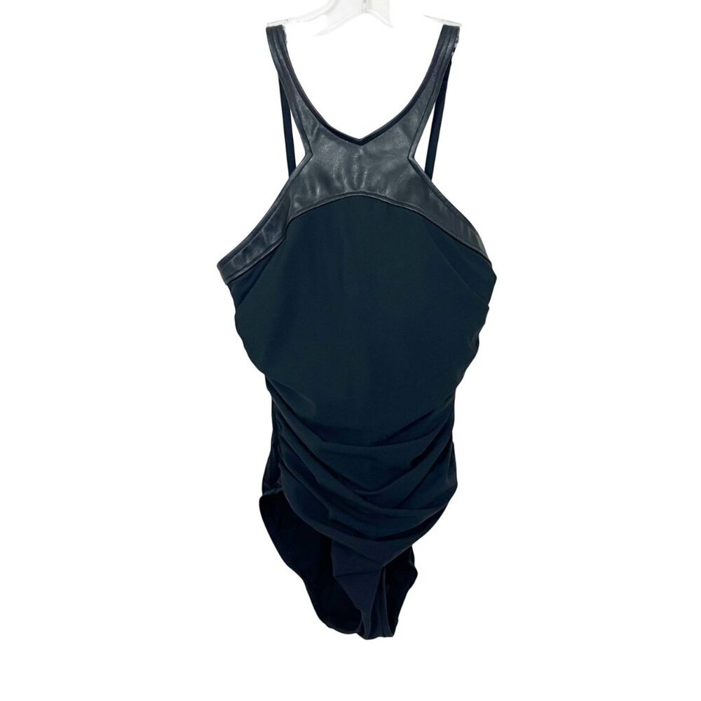 Magicsuit Black Faux Leather Trim Ruched Halter One‎ Piece Swimsuit - Size US 8